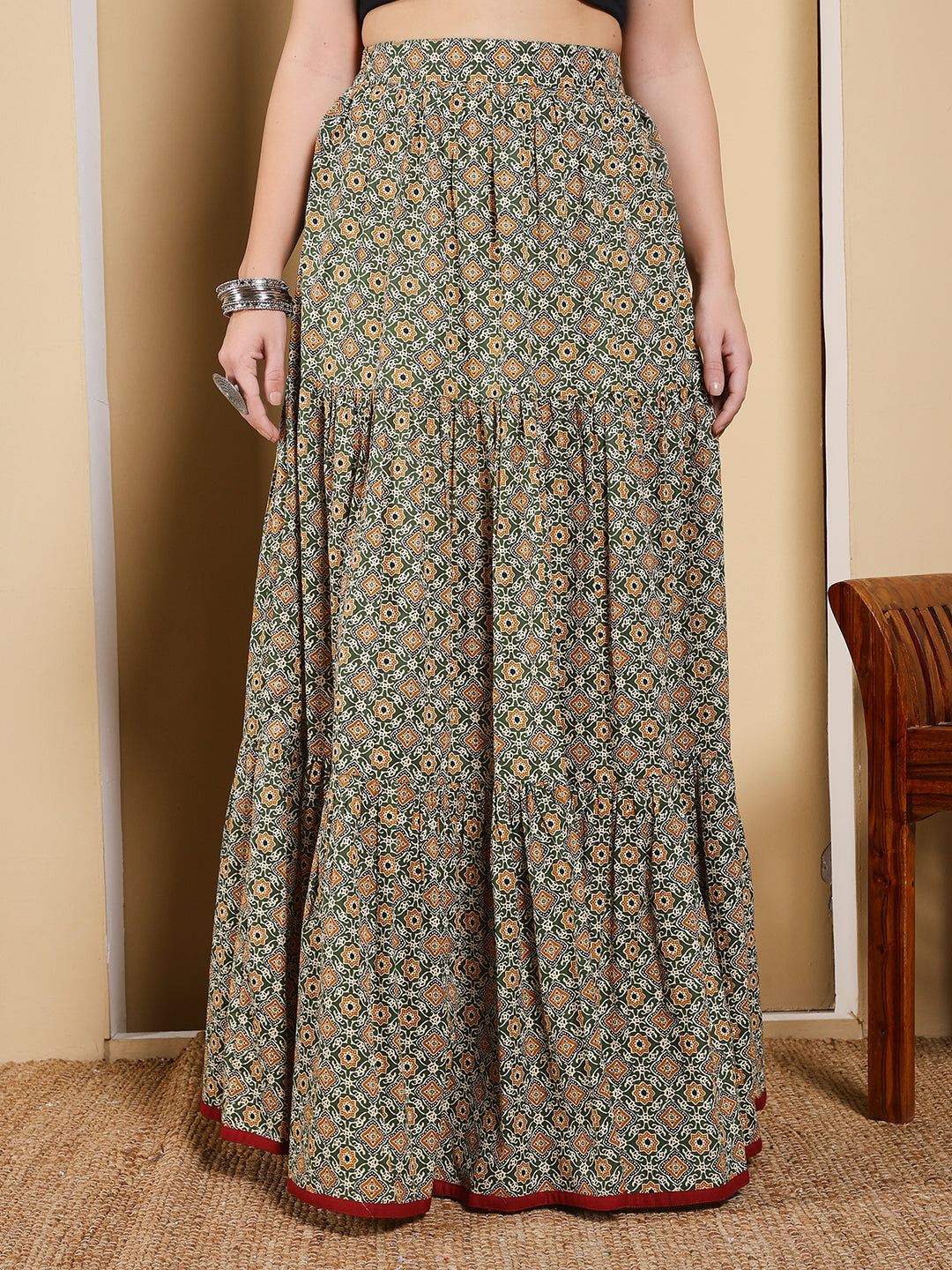 FIORRA Women's Olive Green Printed Cotton Flared Skirt